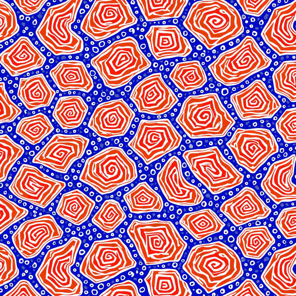 Vibrant red spirals on a deep blue background, creating a dynamic and energetic abstract pattern.