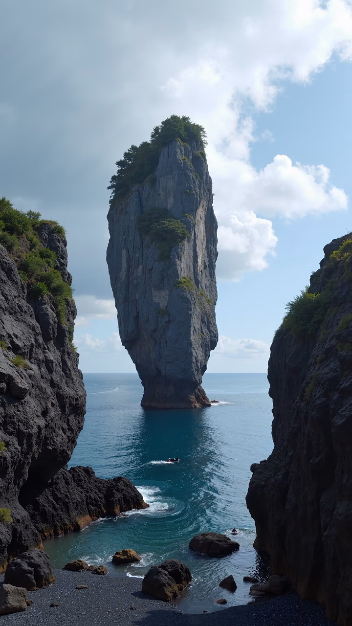 Rugged rock formation by tranquil turquoise waters under a cloudy sky.