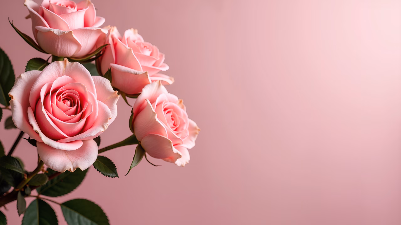 Delicate pink roses on a soft pink background, symbolizing romance and tranquility.
