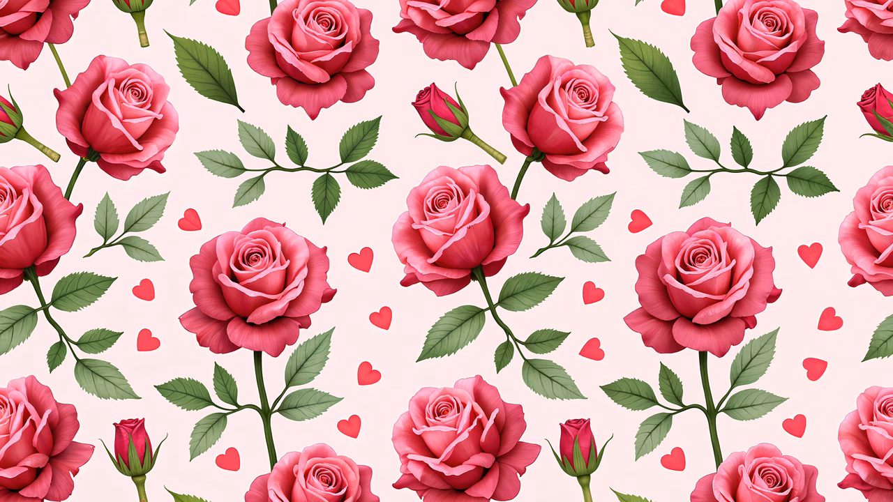 Romantic floral pattern with roses and hearts on a soft background.