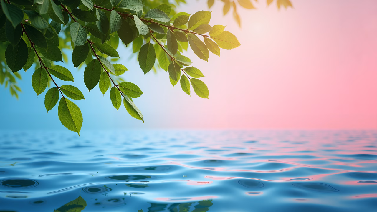 A tranquil illustration featuring rippling waters and vibrant green leaves against a pink sky.