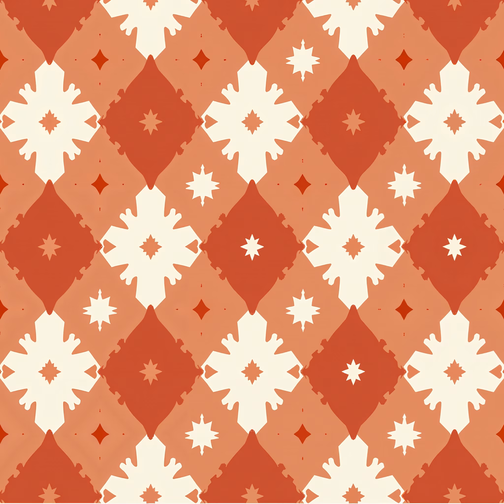 Symmetrical snowflake pattern in warm tones, folk art-inspired design.