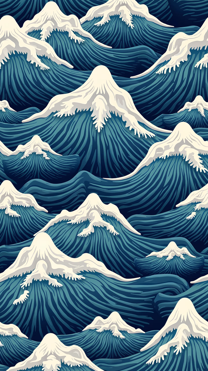 Detailed illustration of snow-covered mountains in a tranquil blue landscape.