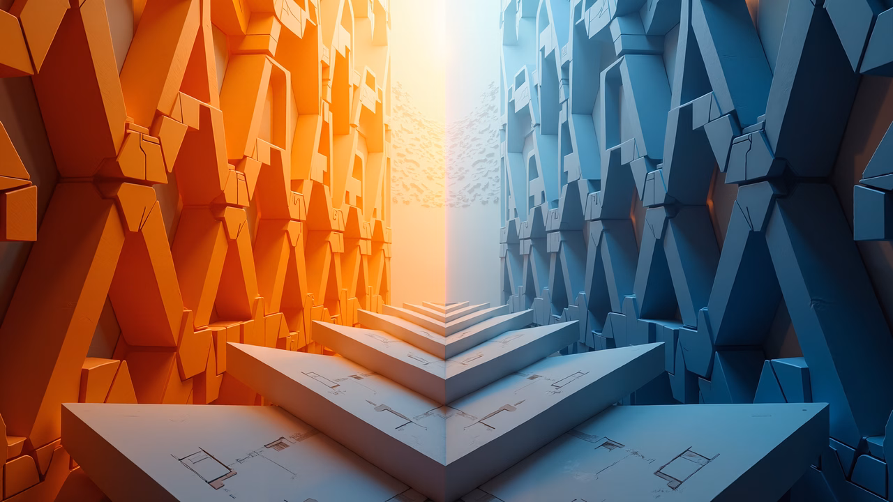 Geometric contrast split by a bright central light, warm vs. cool tones.