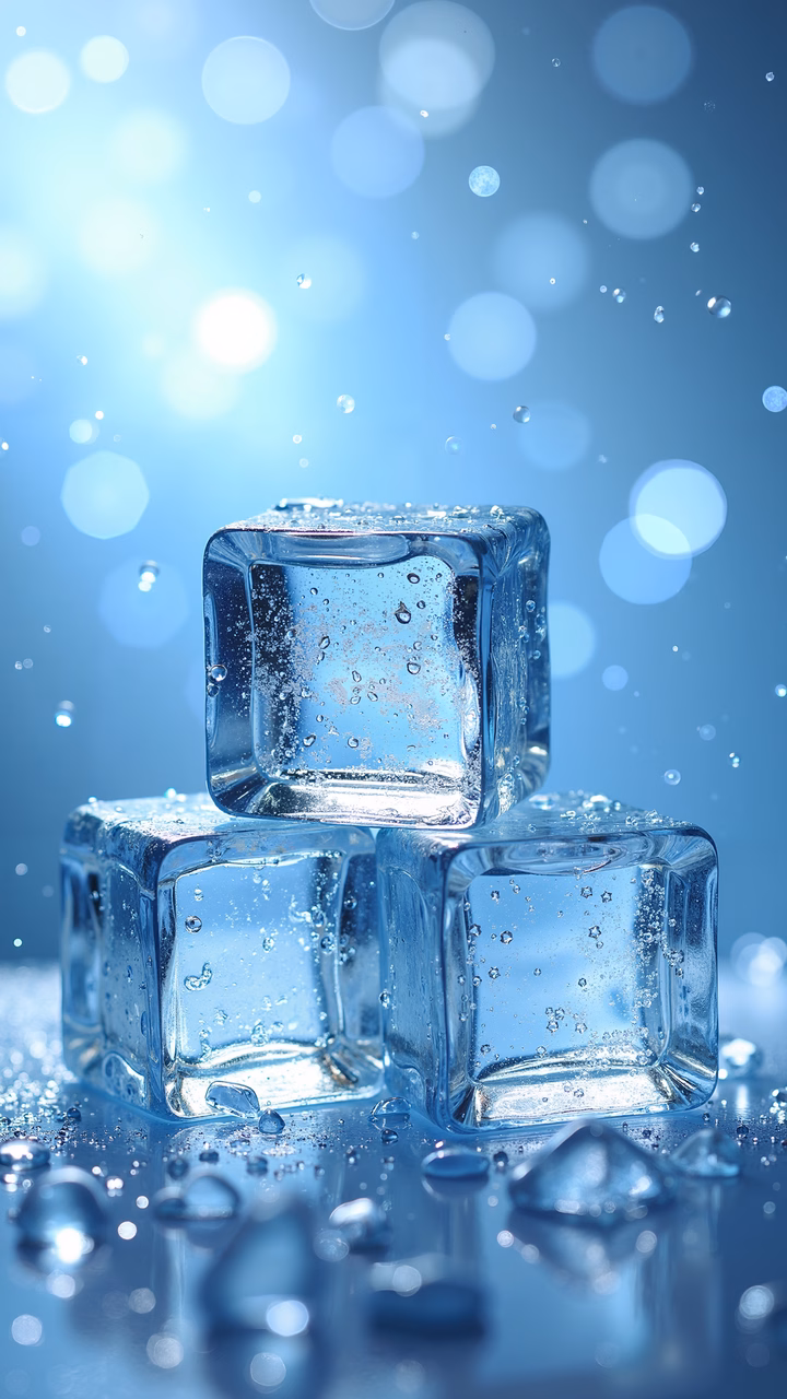 Stacked ice cubes with a dreamy blue background, capturing the essence of purity and coldness.