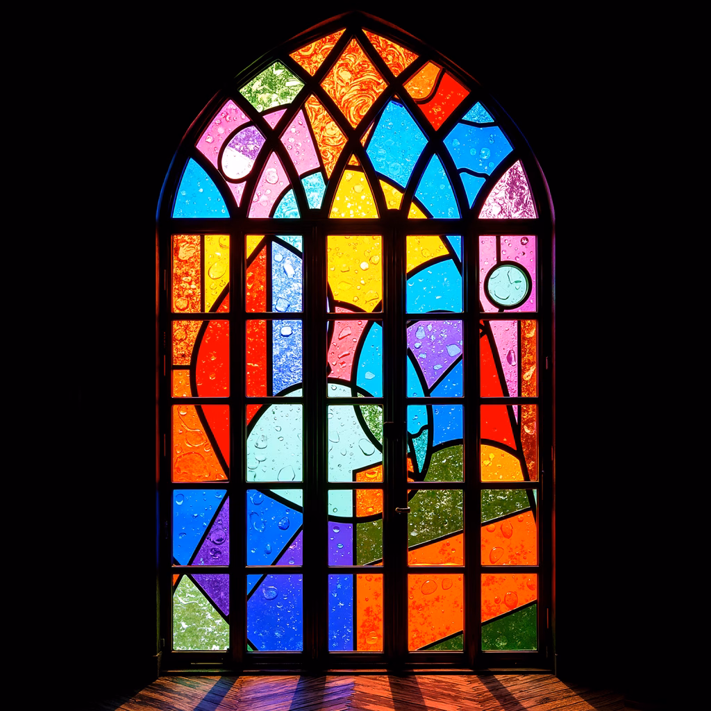 Vibrant stained glass window with colorful patterns and droplets against a dark background.