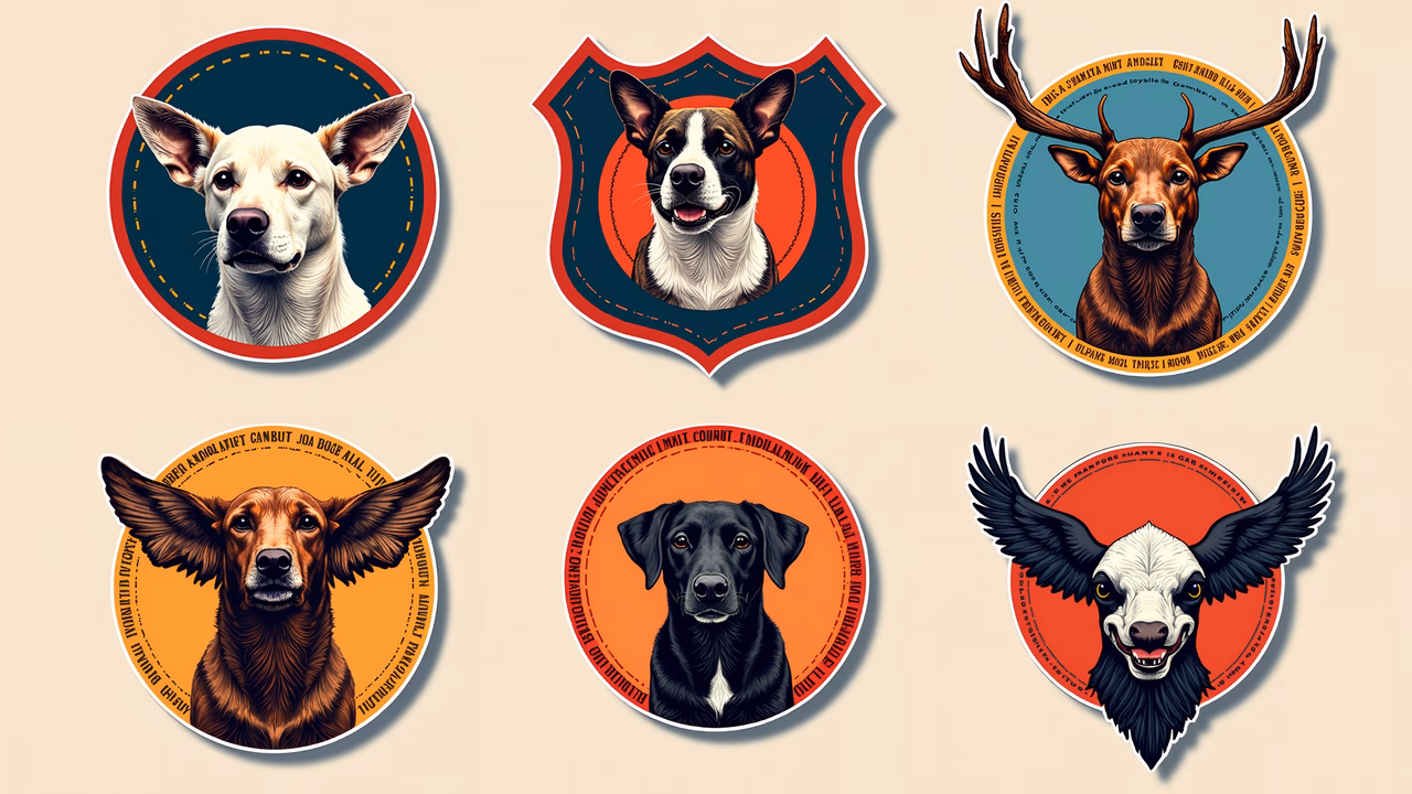 Six detailed animal portraits with vibrant backgrounds and intricate borders.