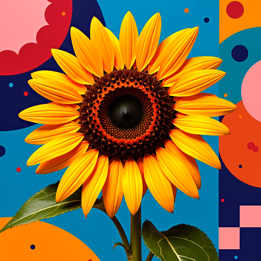 Vibrant sunflower illustration with primary colors and geometric patterns.