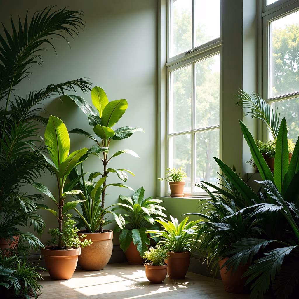 A peaceful indoor garden bathed in sunlight, featuring lush green plants and terracotta pots.