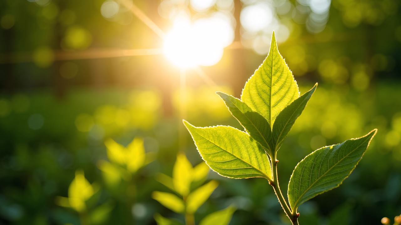 Close-up of sunlit leaf, vibrant greens, serene nature photography.