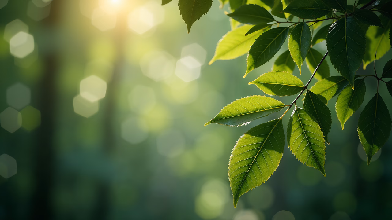 Vibrant green leaves illuminated by soft sunlight, evoking peace and vitality.