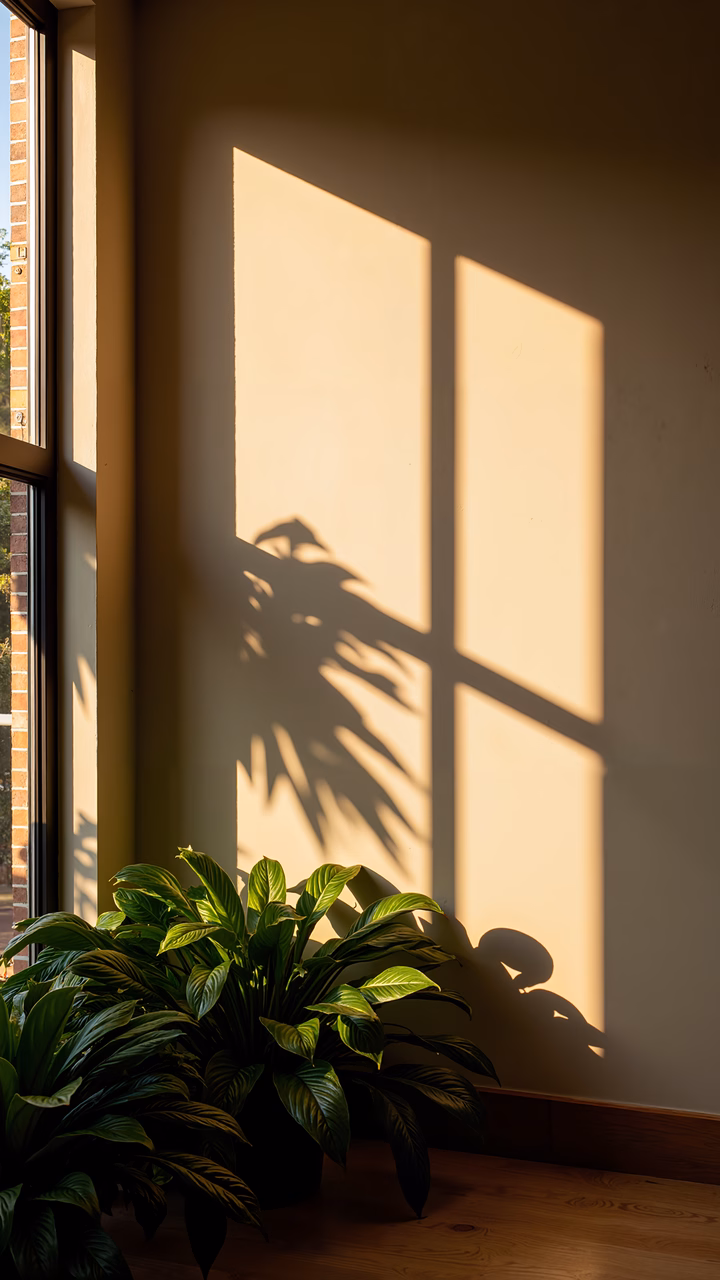 Soft sunlight creates intricate shadows in a peaceful interior space.