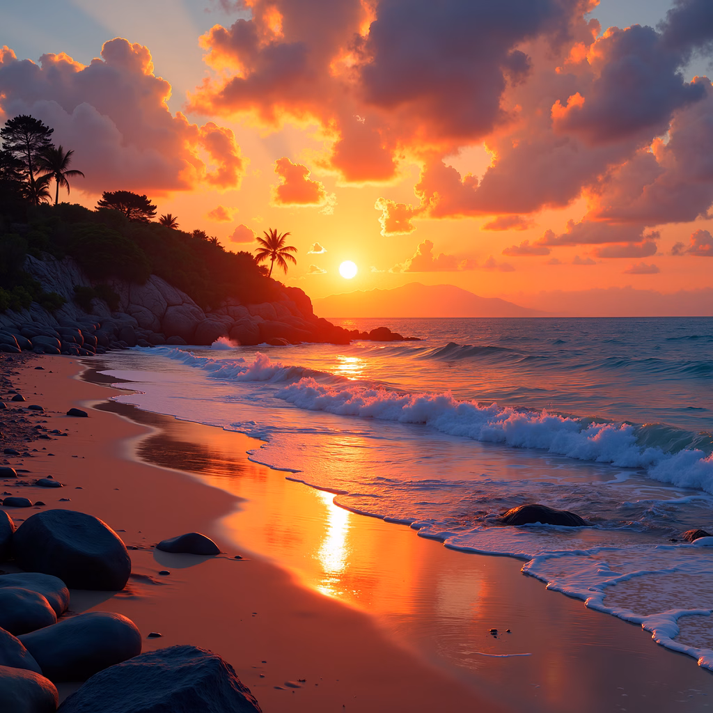 A tranquil sunset scene over a peaceful beach with palm trees and scattered rocks.