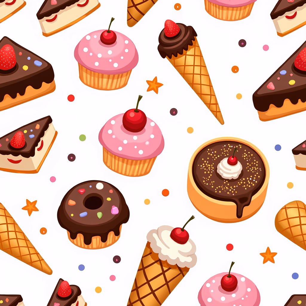 Brightly colored desserts in a playful illustration style.