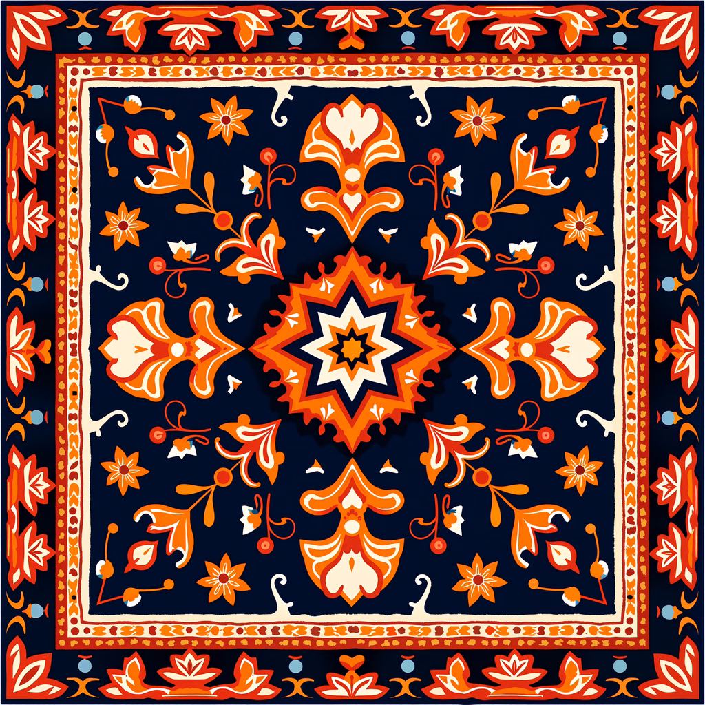 Vibrant symmetrical floral mandala design with bold colors and intricate patterns.