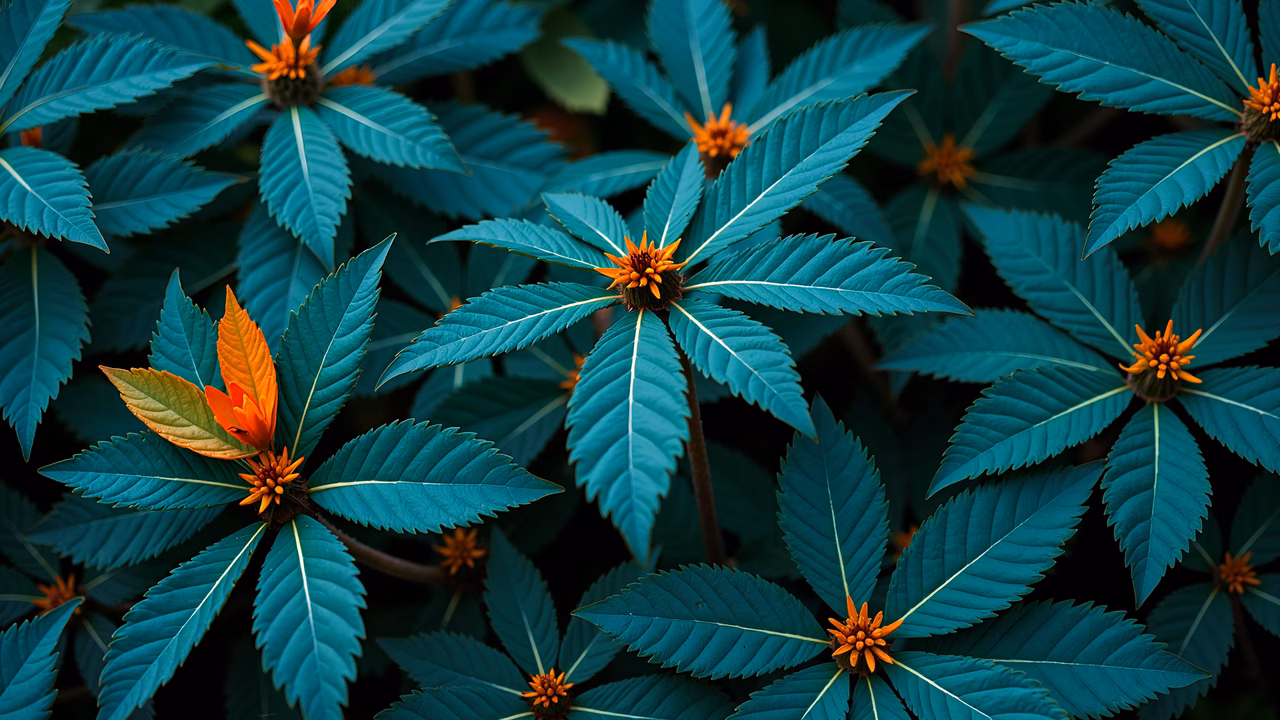 Close-up of teal leaves with orange accents, nature photography, serene beauty