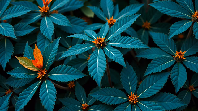 Teal Leaves with Orange Accents