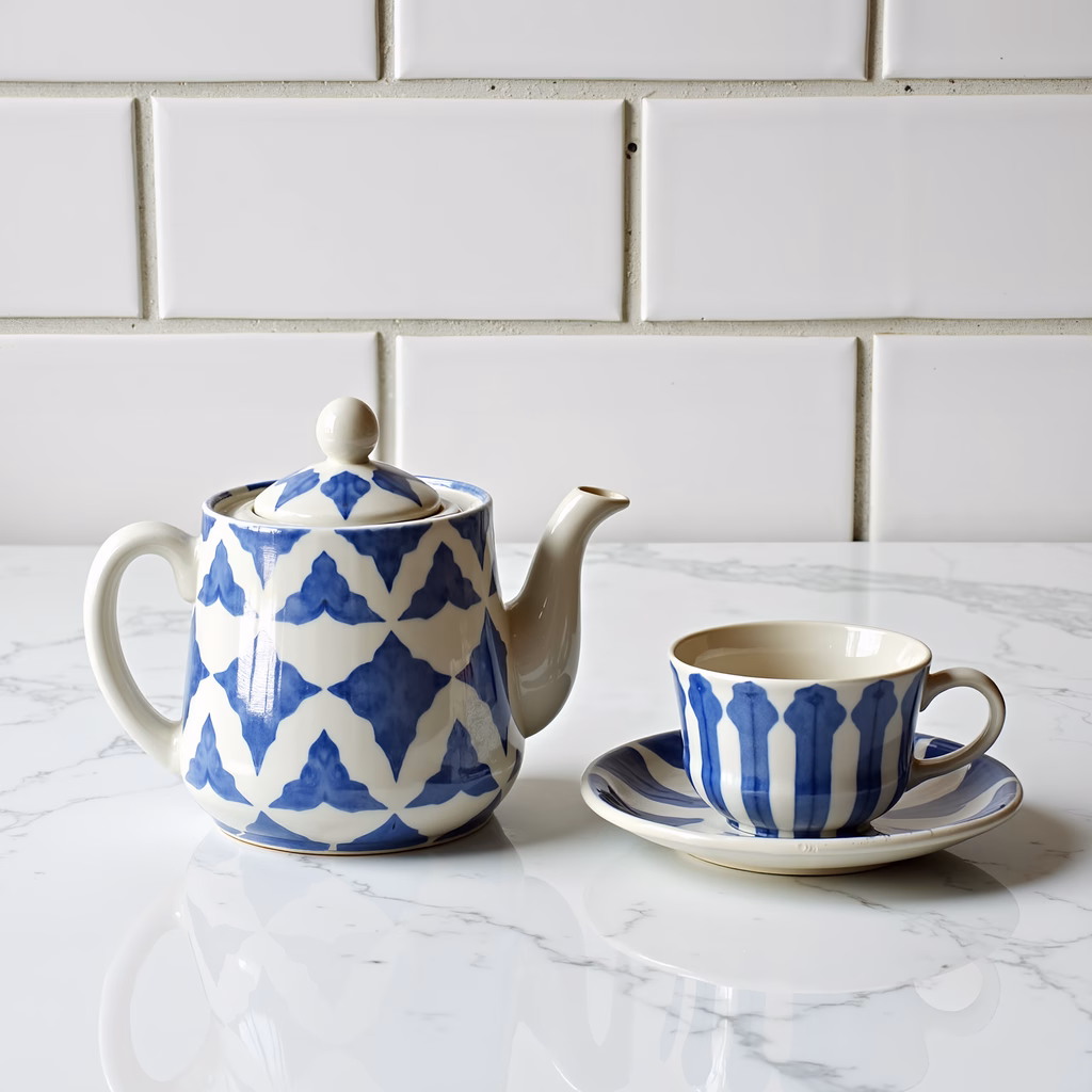 Elegant teapot and cup set with geometric patterns on marble surface.