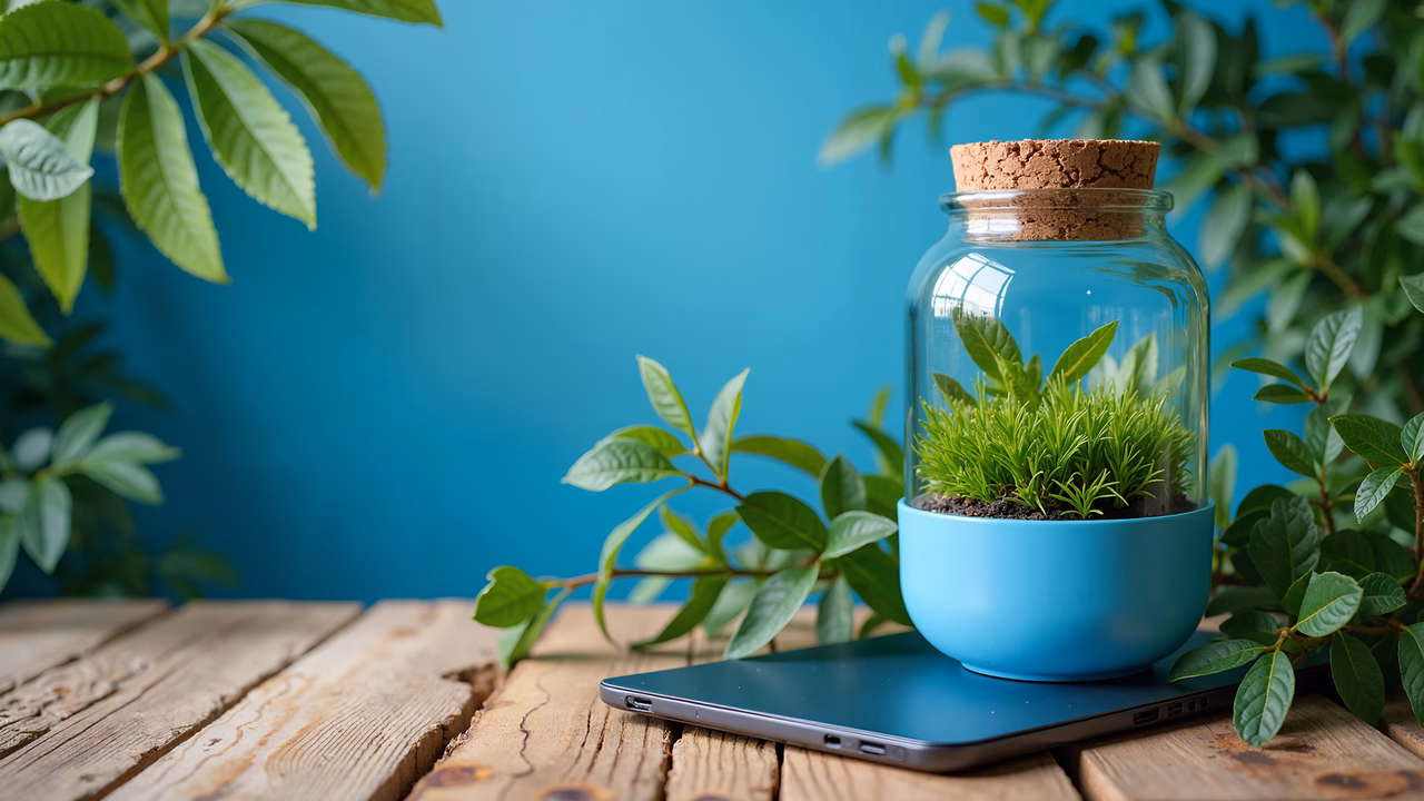 A peaceful terrarium in a jar on a wooden surface, surrounded by lush greenery.