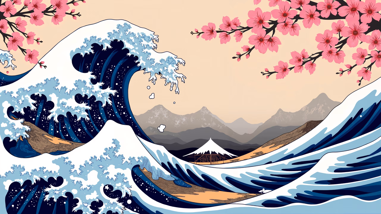 Bold blue waves and delicate pink blossoms in a serene Japanese landscape.