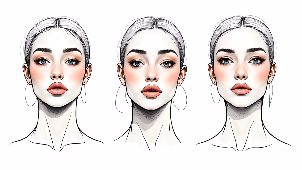 Three elegant portraits of a woman with detailed makeup and hair, showcasing a modern artistic style.