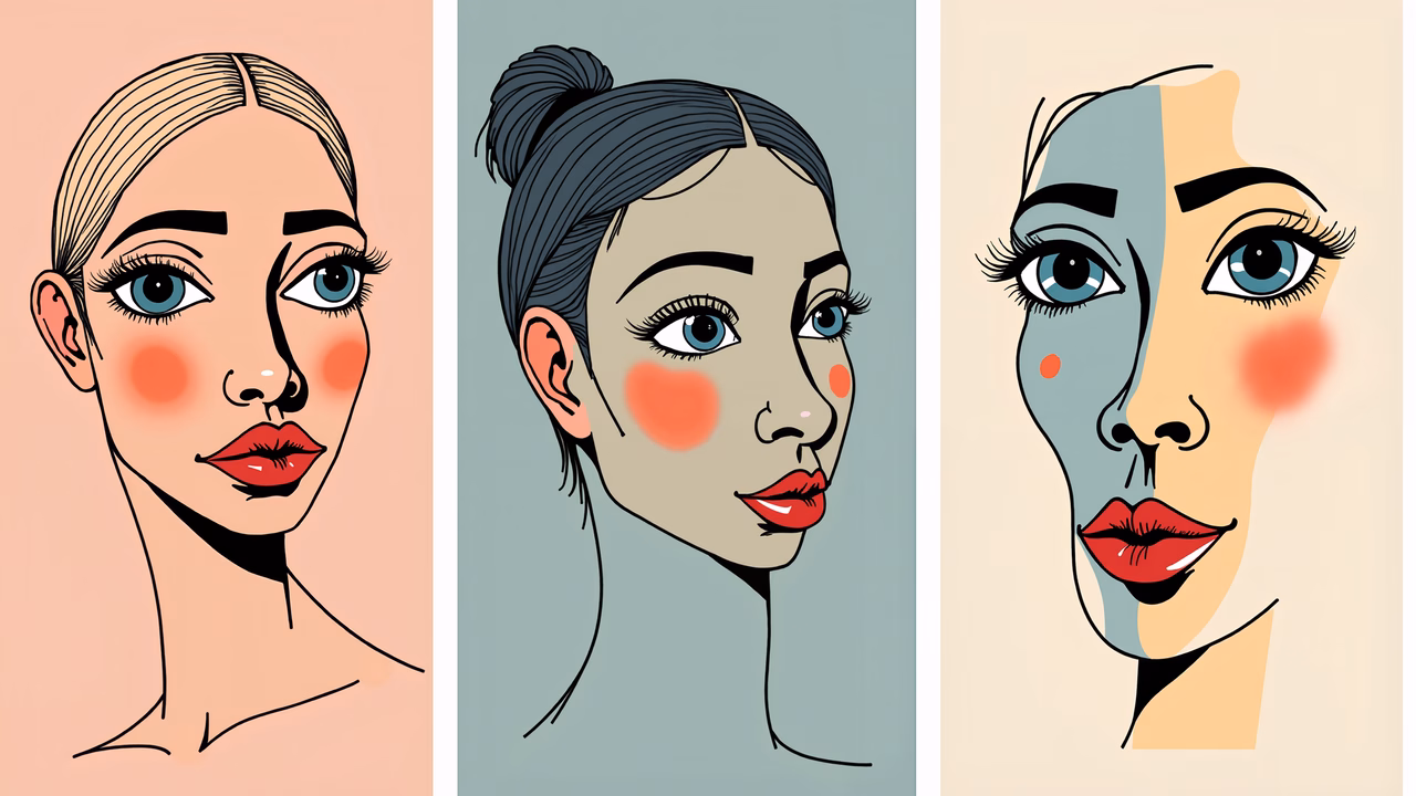 Three stylized women portraits with distinct hairstyles and colorful backgrounds.