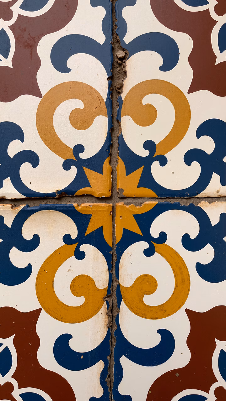 Vibrant tile pattern with intricate swirls in deep blue, mustard yellow, and red, inspired by traditional Moroccan or Spanish designs.