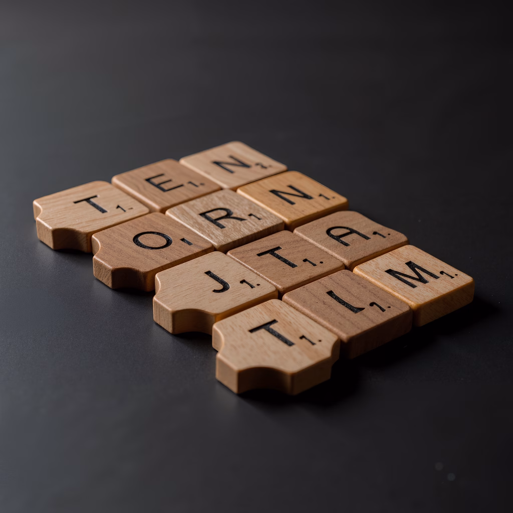 Fragmented Scrabble tiles spelling 'TORN' against a dark background, evoking disarray and fragmentation.