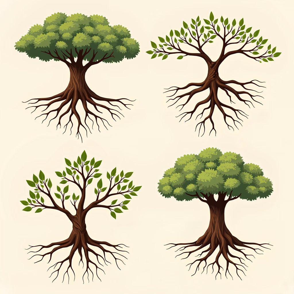 Four detailed, cartoonish trees with intricate root systems on a neutral background.
