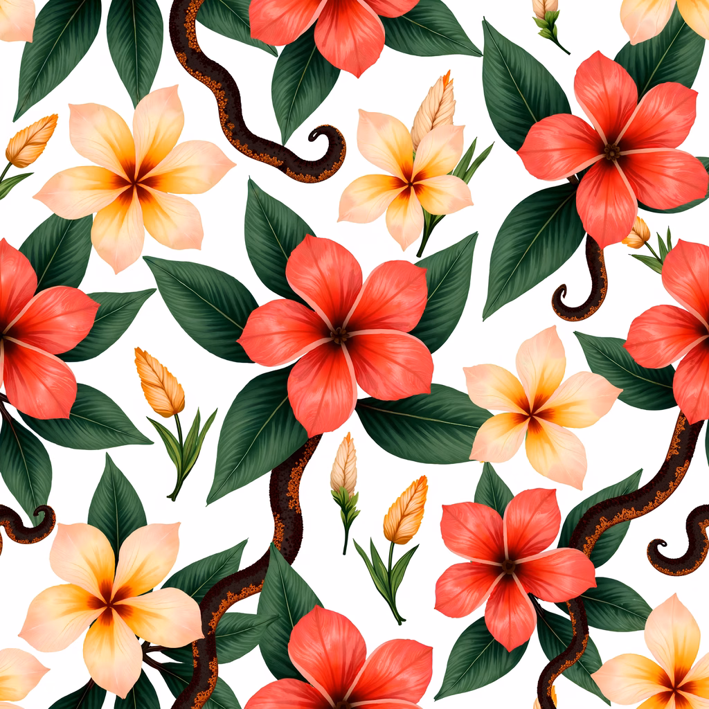 Vibrant tropical floral illustration with detailed petals and leaves.