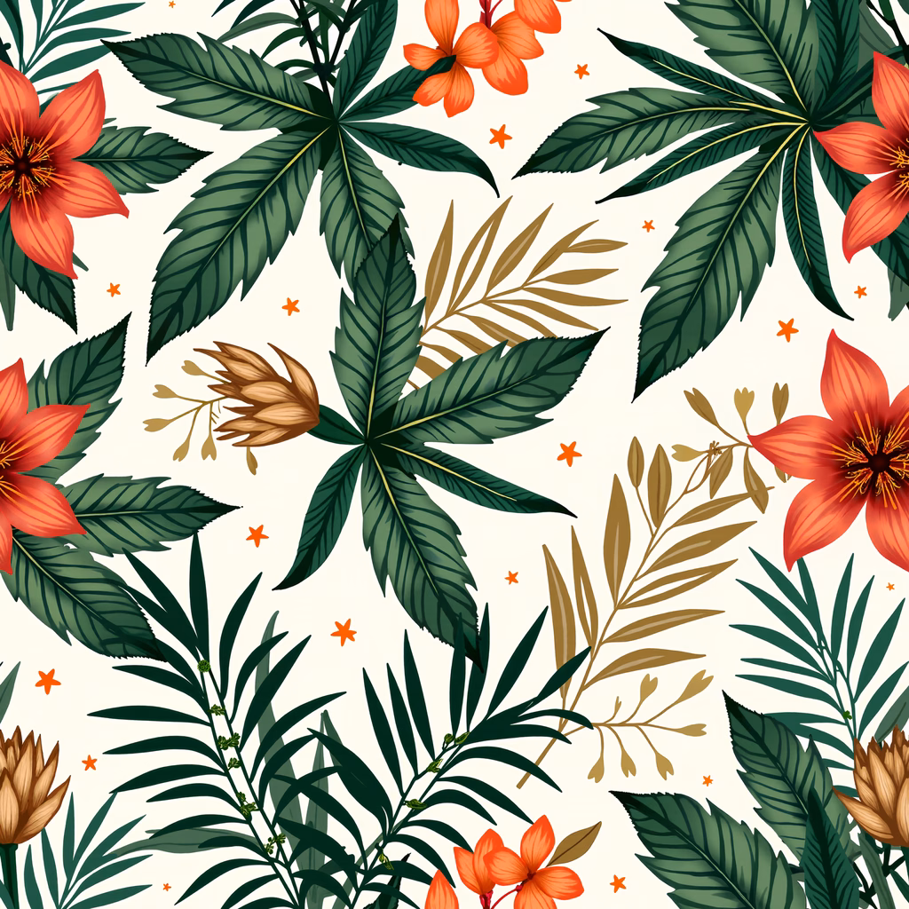 Vibrant tropical floral illustration with detailed greenery and warm accents.