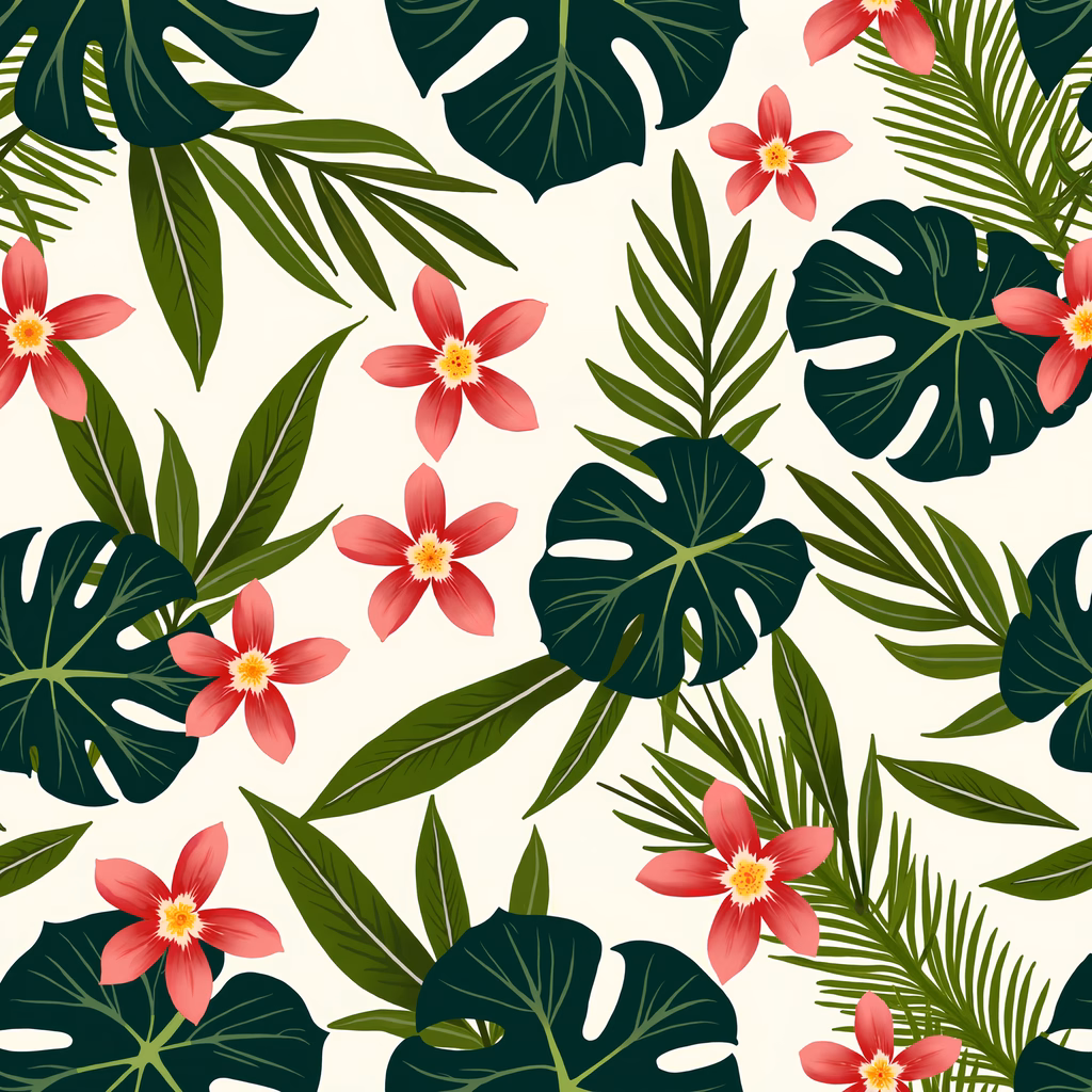 Vibrant tropical leaves and flowers in a modern illustration style.