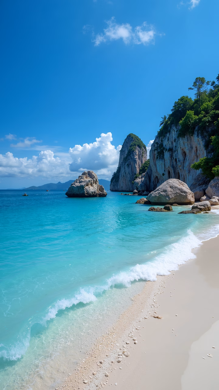 A breathtaking view of a tropical beach with crystal-clear waters and lush cliffs.