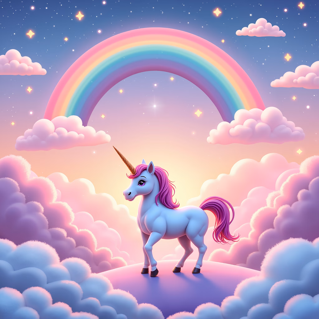 Whimsical unicorn in a magical rainbow sky