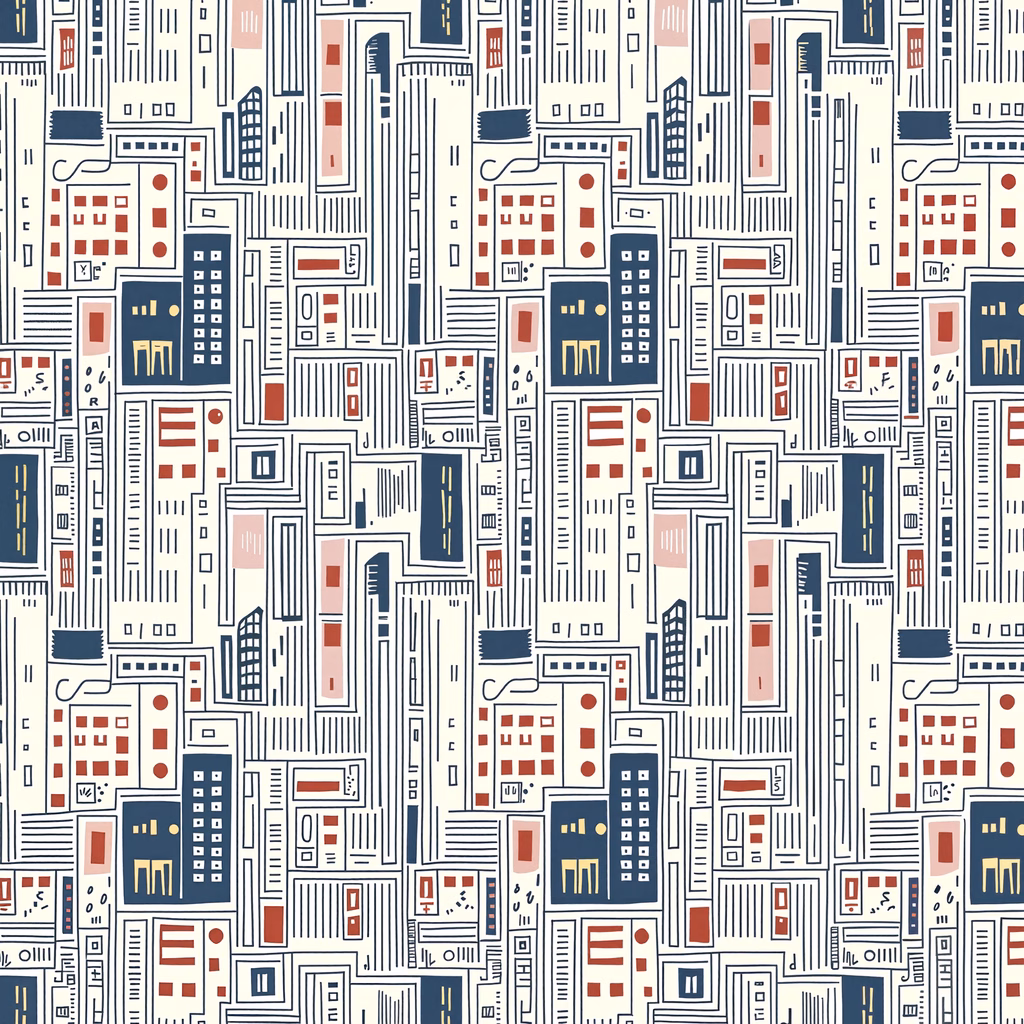 Detailed urban landscape illustration with modernist architectural elements.
