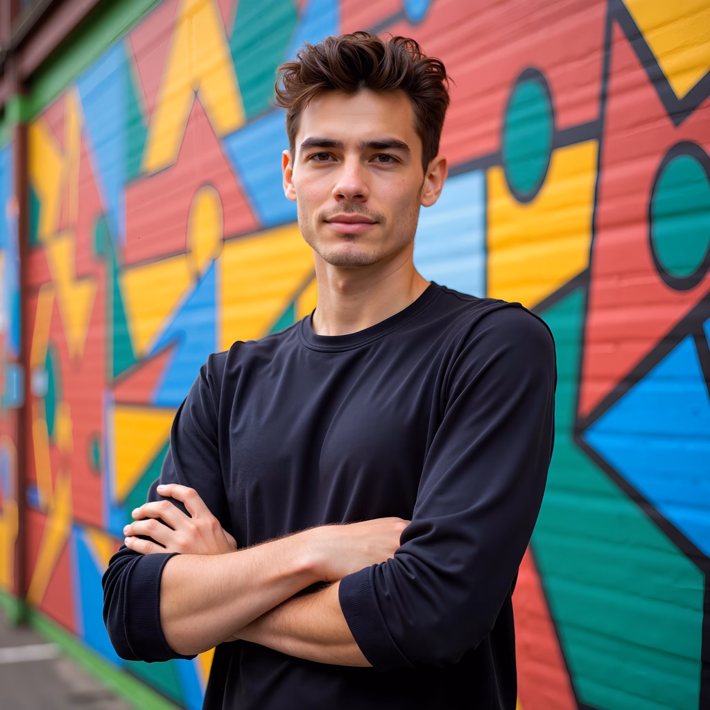 Confident young man against colorful mural backdrop
