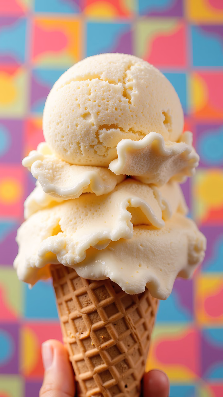 Close-up of a vanilla ice cream cone against a colorful geometric backdrop.
