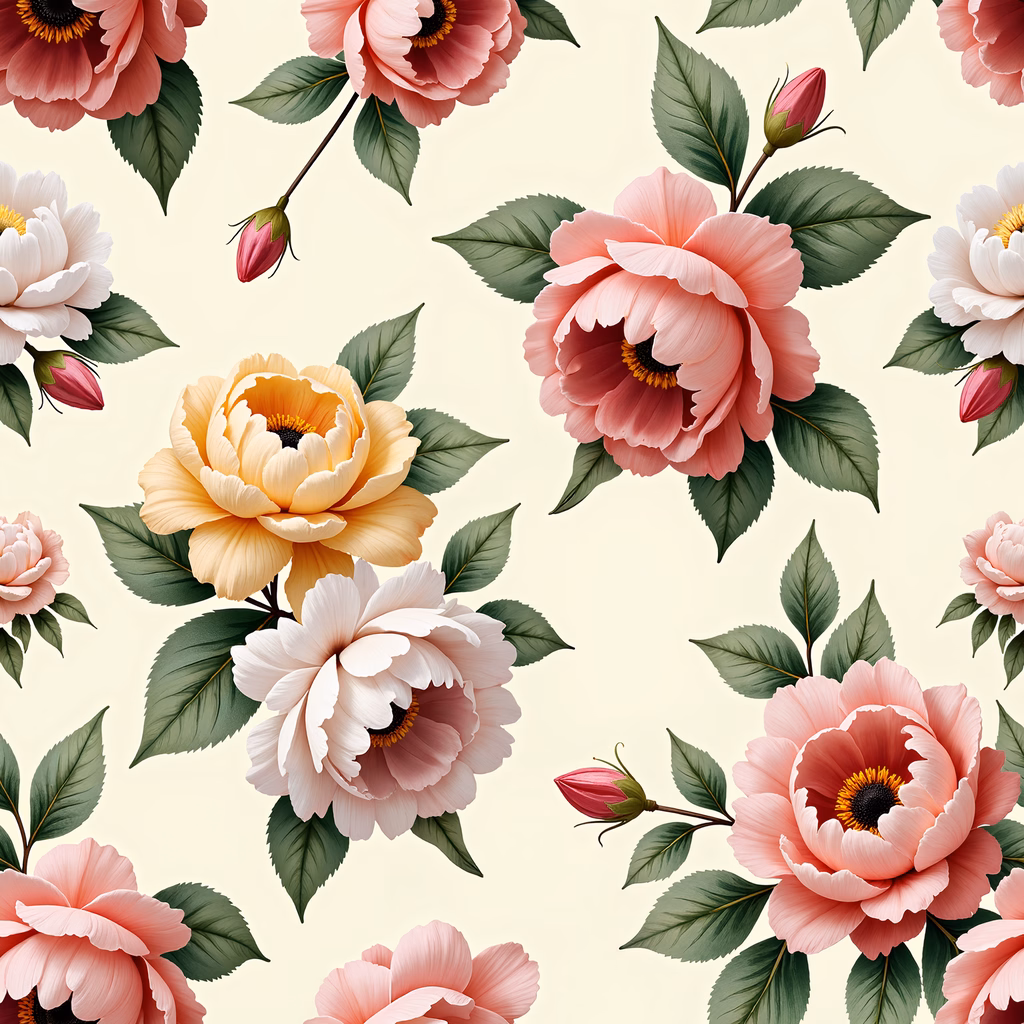 Elegant vintage floral illustration with detailed roses and lush greenery.