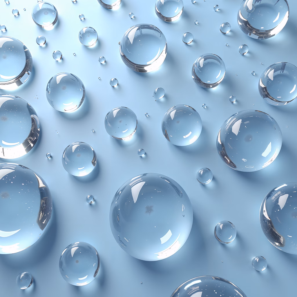 Detailed illustration of water droplets on a blue background, showcasing intricate reflections and varying sizes.