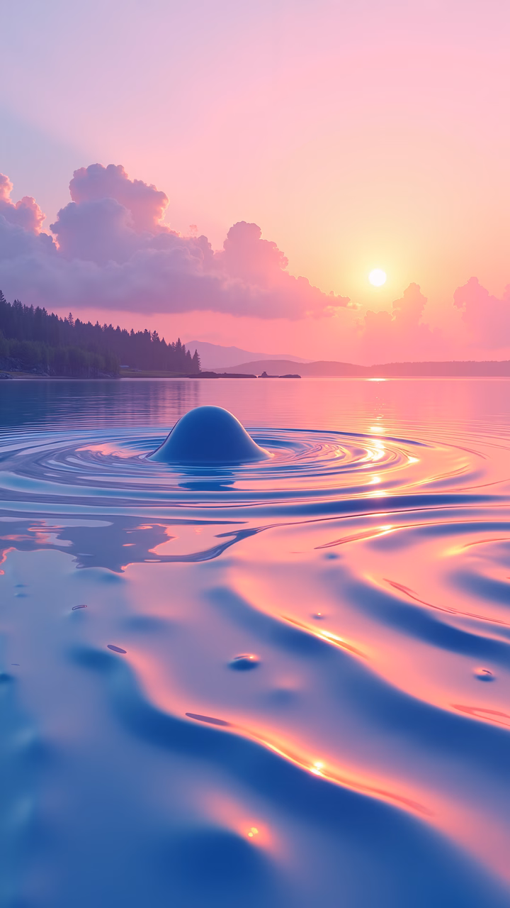 Whale emerging from calm waters under a stunning sunset, evoking peace and wonder.
