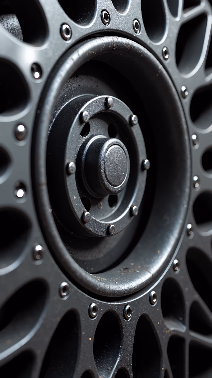 Close-up of a metallic wheel with precise bolt details and industrial textures.