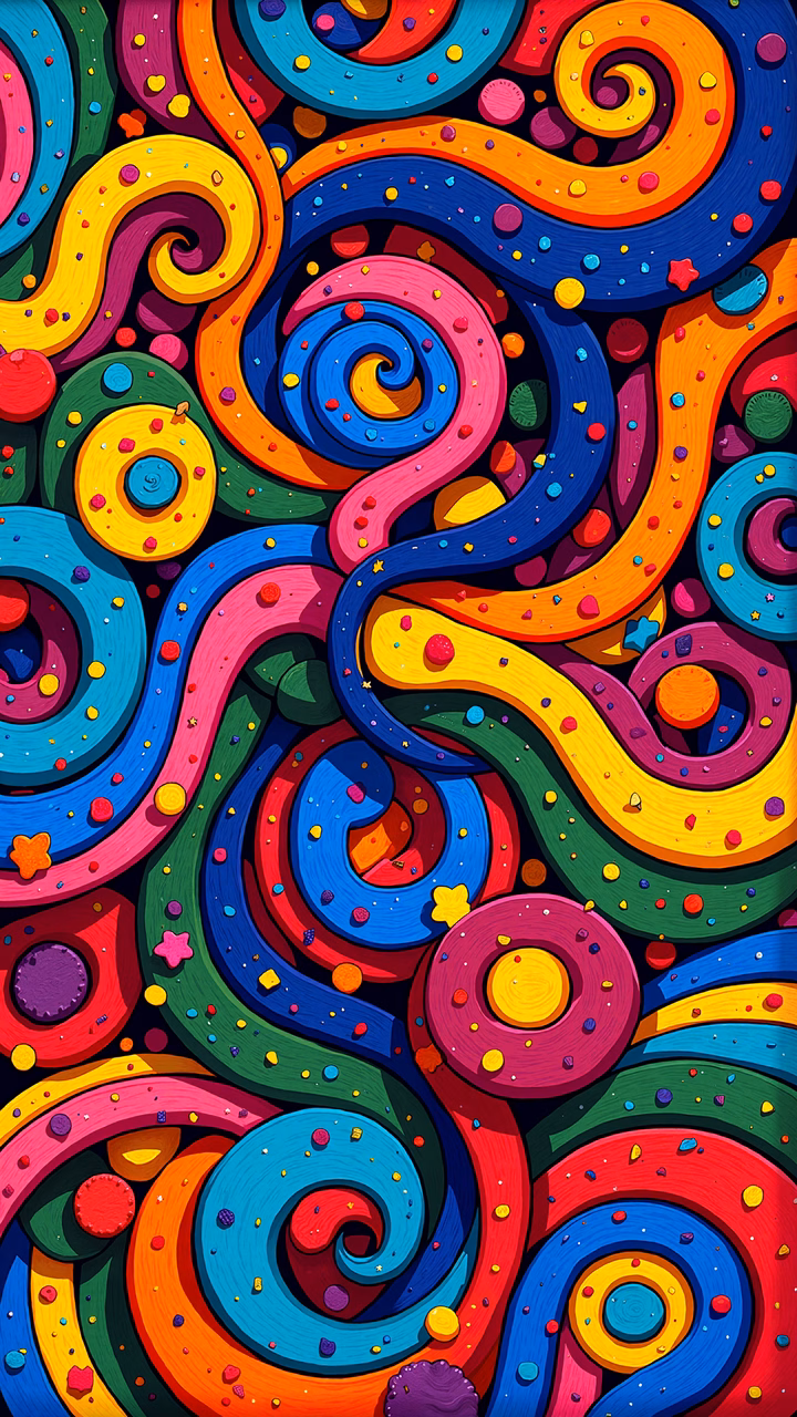 Vibrant, playful, and colorful swirls in a whimsical illustration.