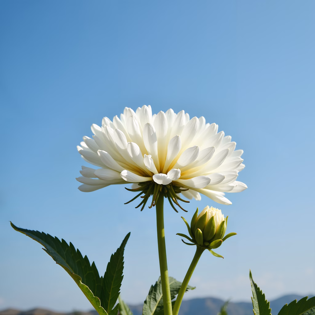Close-up of a white dahlia flower against a clear blue sky, showcasing its delicate petals and vibrant green leaves.