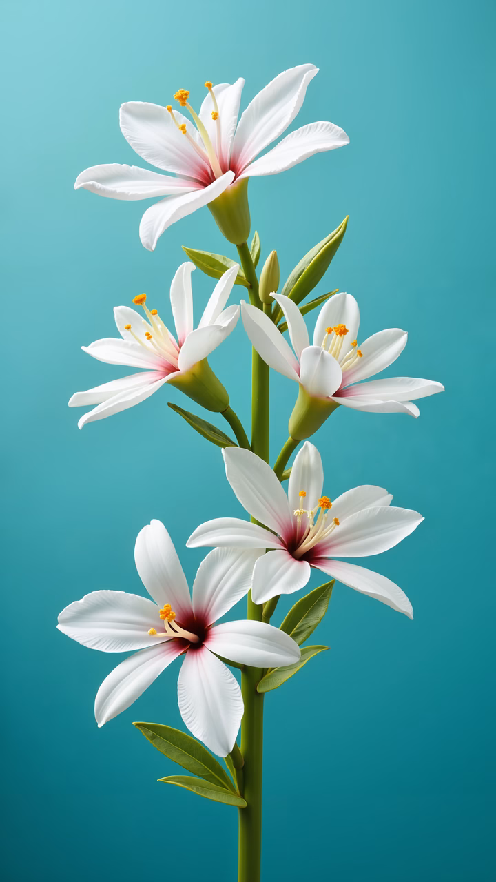 Delicate white lilies with pink centers on a teal background.