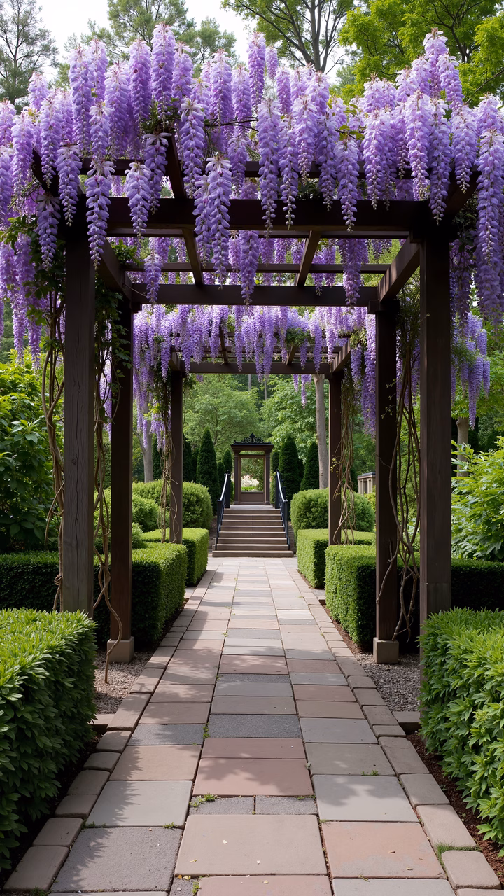 A picturesque garden path framed by a wisteria-covered archway.