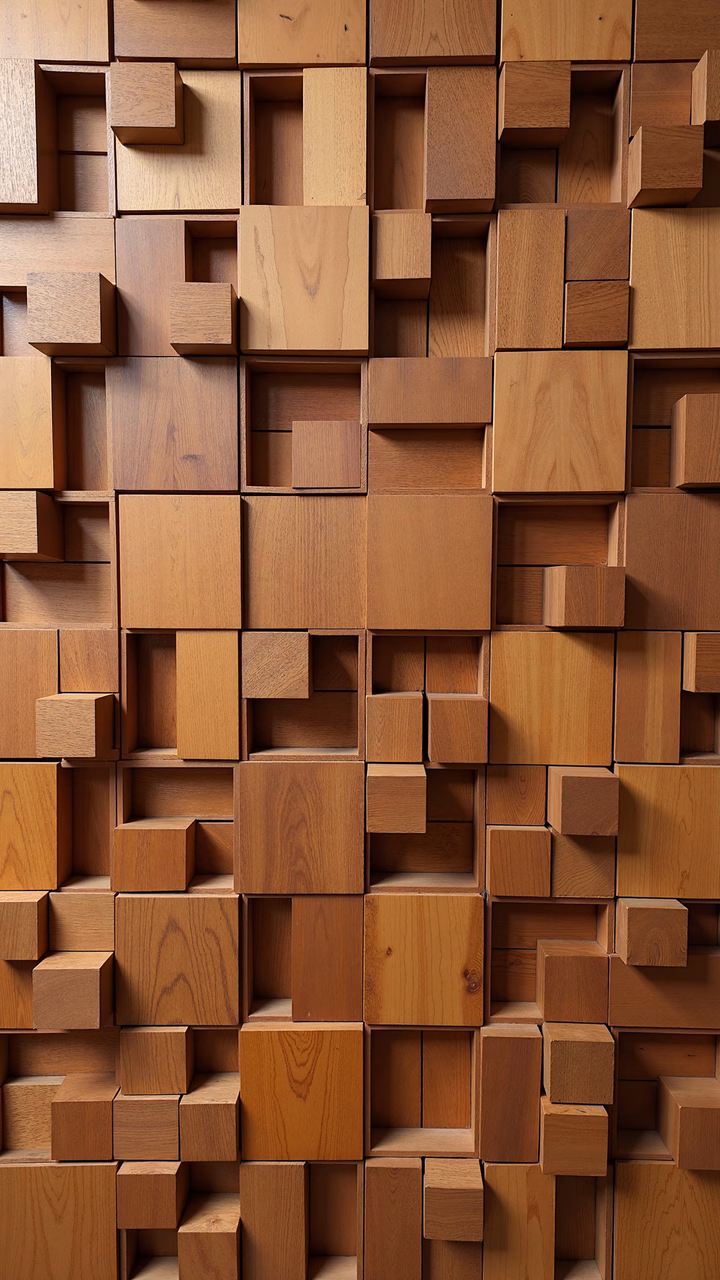 Geometric wooden cubes arrangement in warm tones, creating depth and tranquility.