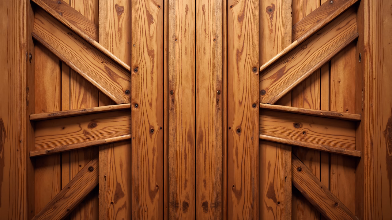 Close-up of wooden door panel with intricate grain patterns and warm tones.