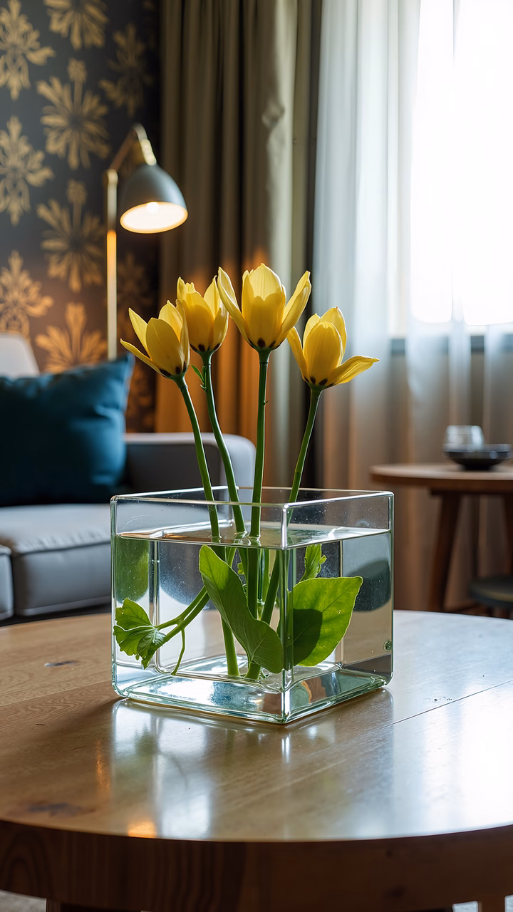 Bright yellow tulips in a glass cube vase, creating a cheerful interior design ambiance.