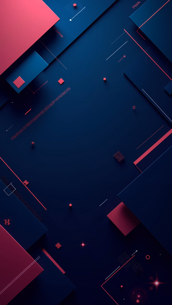 Dynamic geometric shapes on a deep blue background with vibrant red and magenta hues.
