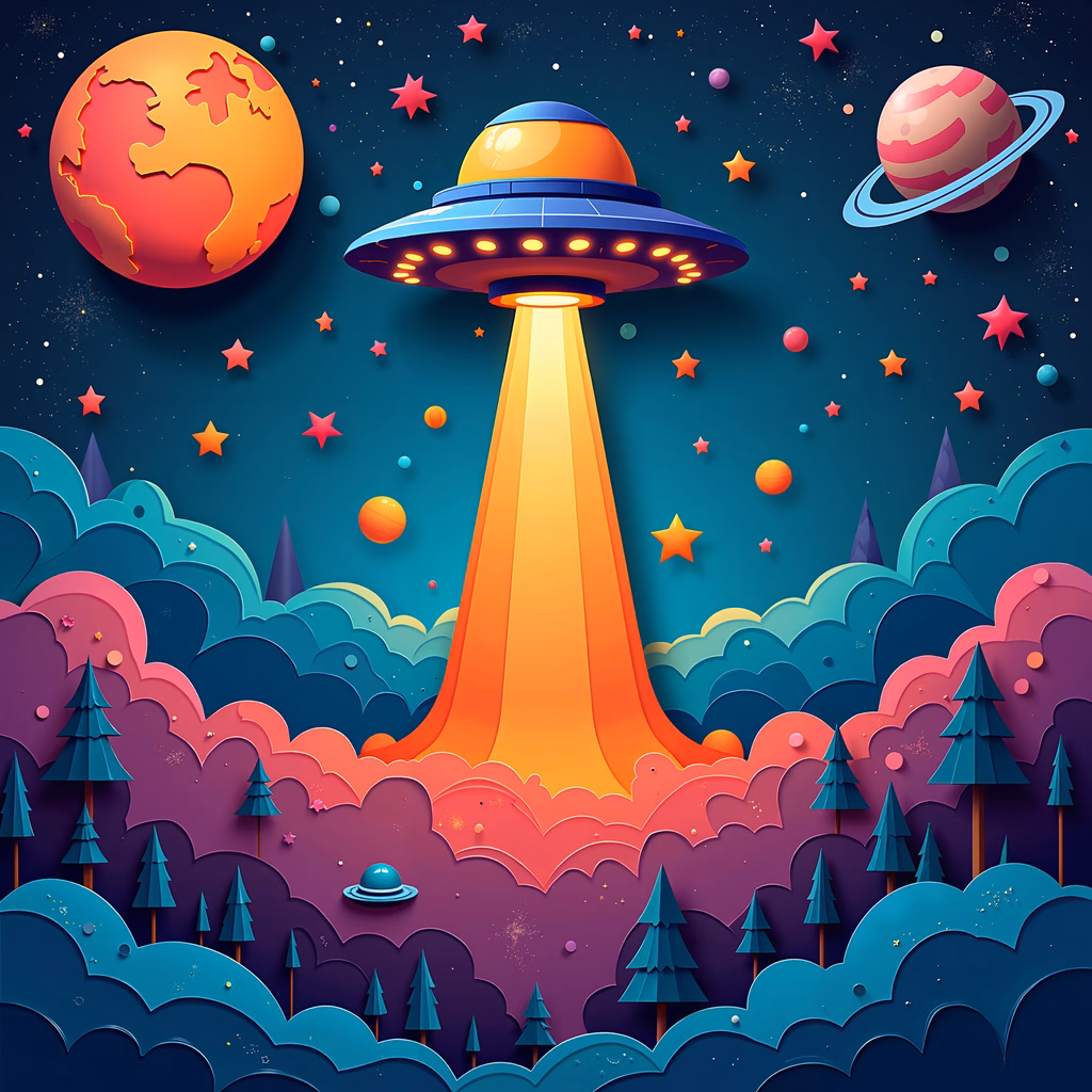 A whimsical UFO abduction scene with colorful planets and a starry night sky.